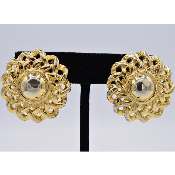 Givenchy Vintage Clip On Earrings Chunky Gold Flower Weaved Signed Runway BinAG - Picture 1 of 12